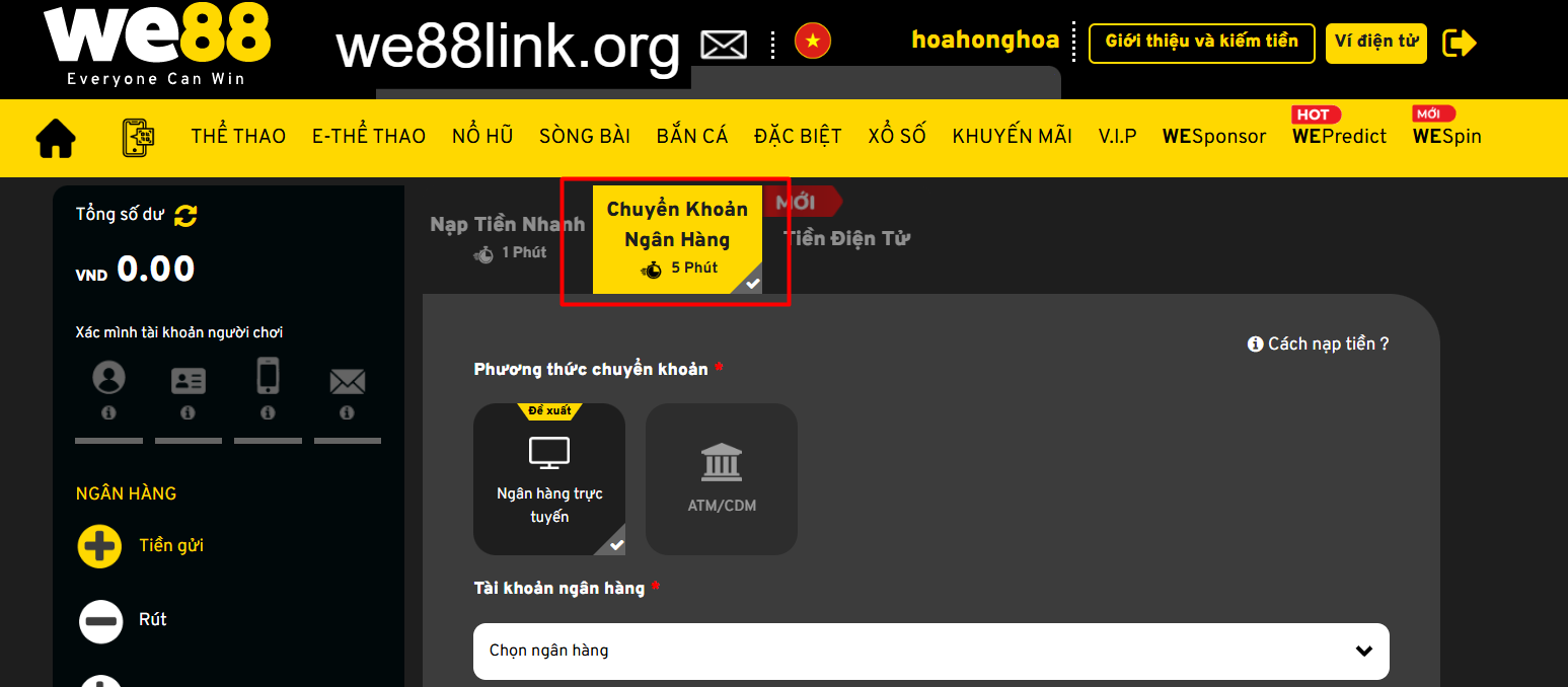 Nạp tiền We88 qua chuyển khoản ngân hàng