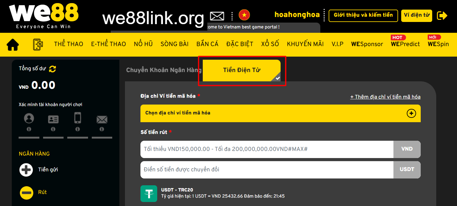 Rút tiền We88 qua Tiền điện tử