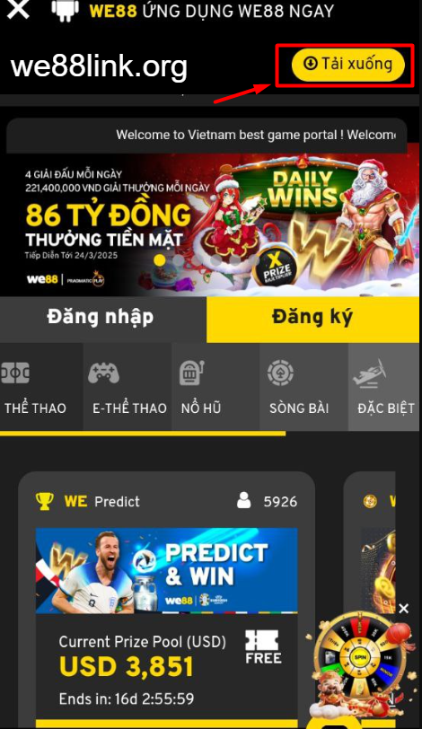 Nhấn nút “Tải xuống” để tải We88 App