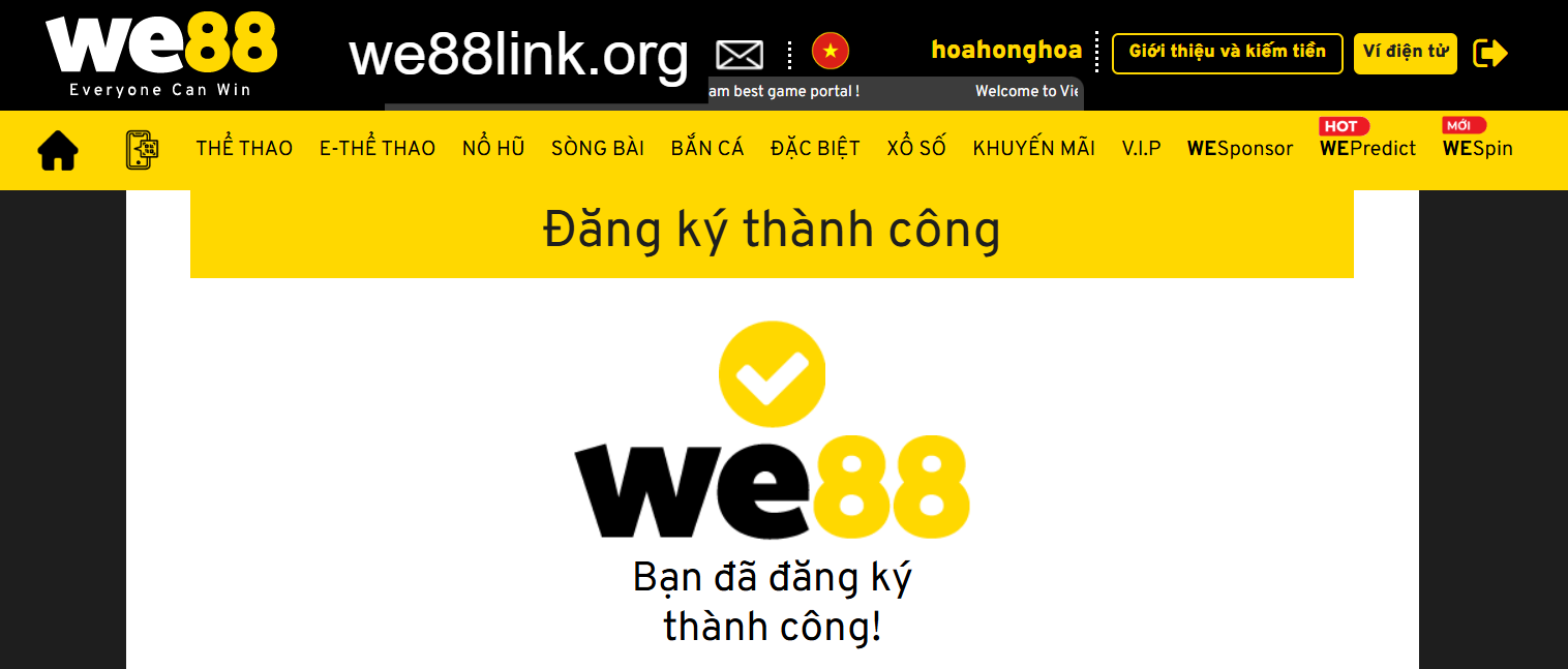 We88 thông báo đăng ký tài khoản thành công